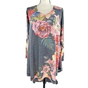 Soft Surroundings Tunic Gray Pink Floral Lightweight V Neck Top M VERY EUC 💗
